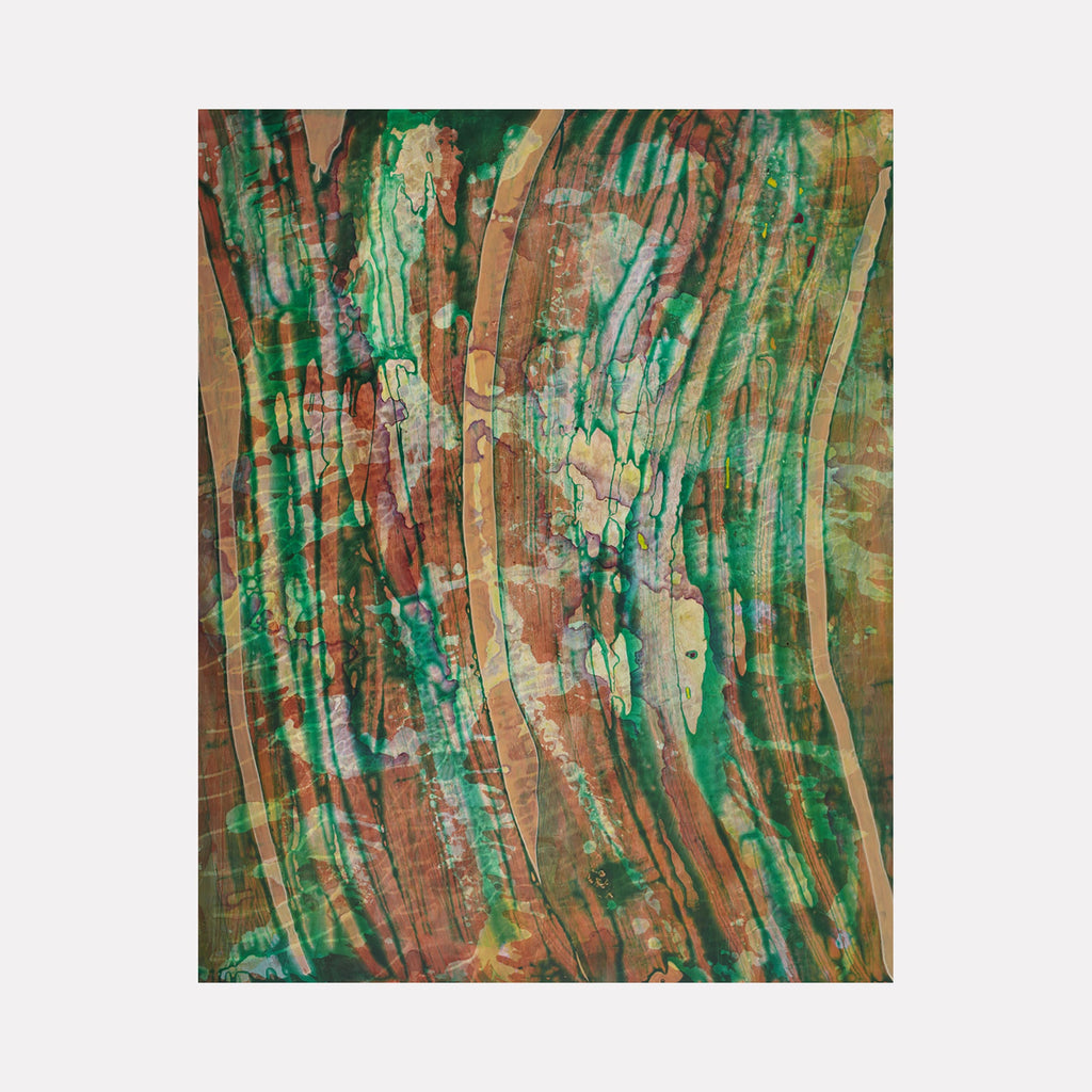 The artwork "Curtains" by Marlene Struss features an abstract design with flowing vertical stripes in earthy tones of brown, green, and teal. The texture appears layered with transparent washes and drips, creating a sense of depth and movement. The organic shapes and watercolor-like effect give it a natural, fluid feel. Vendor: Marlene Struss.