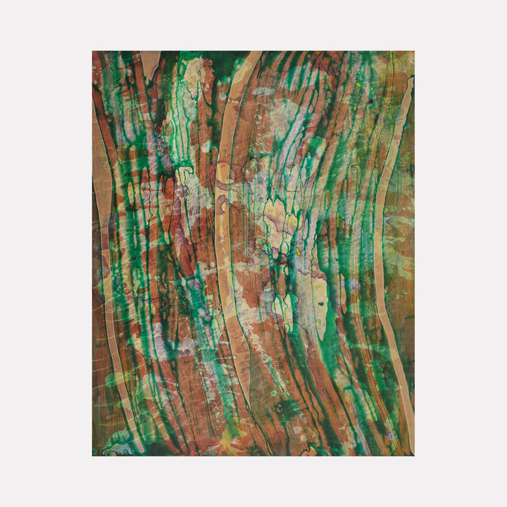 The artwork "Curtains" by Marlene Struss features an abstract design with flowing vertical stripes in earthy tones of brown, green, and teal. The texture appears layered with transparent washes and drips, creating a sense of depth and movement. The organic shapes and watercolor-like effect give it a natural, fluid feel. Vendor: Marlene Struss.
