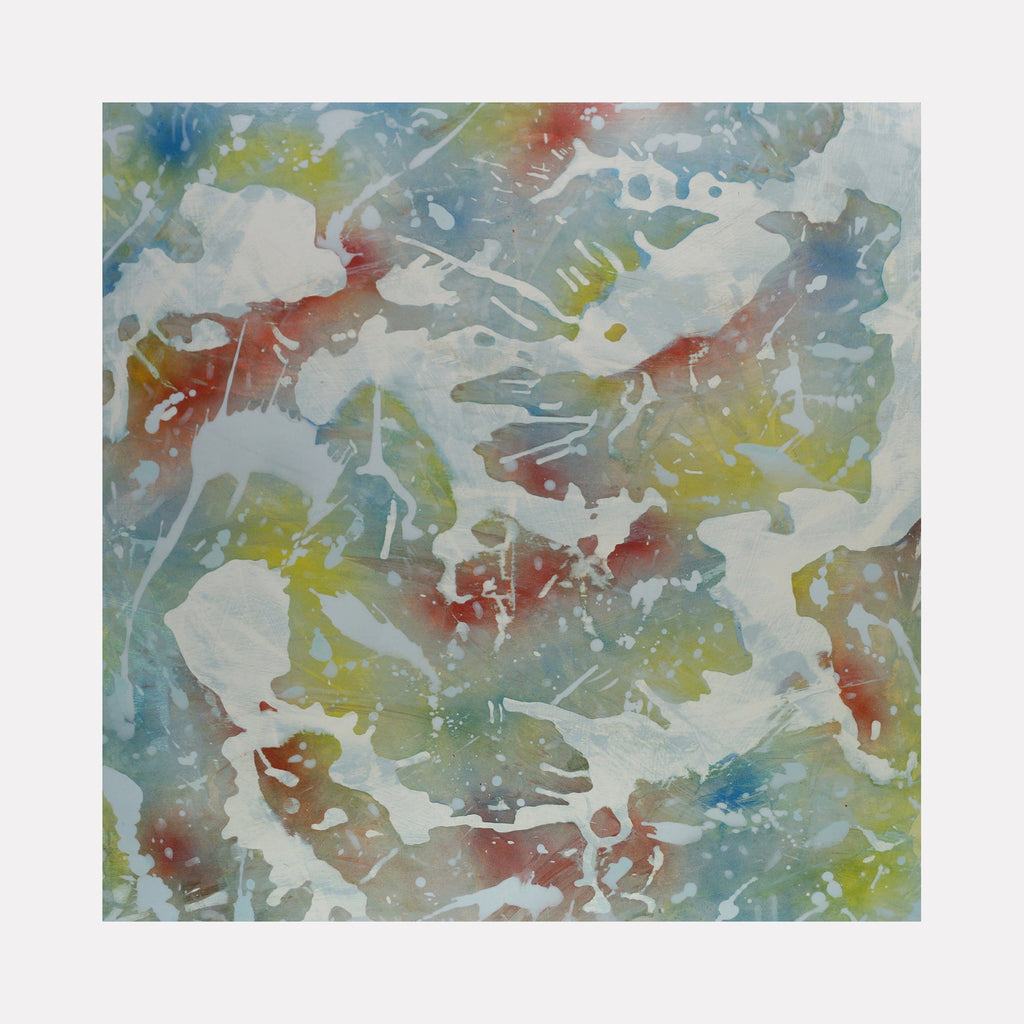 The artwork "Frothie and Friskie" by Marlene Struss features an abstract composition with soft, fluid shapes in white overlaying a watercolor-like background of muted blues, greens, yellows, and reds. The textured blend of colors and organic forms creates a dynamic, airy visual effect, evoking a sense of movement and lightness.