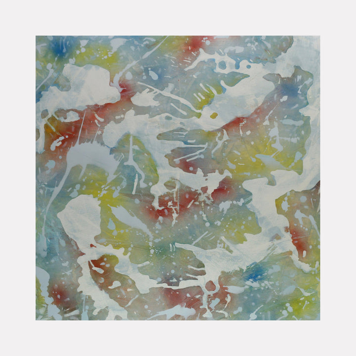 The artwork "Frothie and Friskie" by Marlene Struss features an abstract composition with soft, fluid shapes in white overlaying a watercolor-like background of muted blues, greens, yellows, and reds. The textured blend of colors and organic forms creates a dynamic, airy visual effect, evoking a sense of movement and lightness.