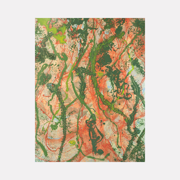 The artwork "Gypsy's Bouquet" features an abstract composition with dynamic green and orange swirling lines and splatters over a textured beige background, creating an energetic and organic floral impression. The piece showcases intricate layering and fluid brushstrokes. Created by Marlene Struss.