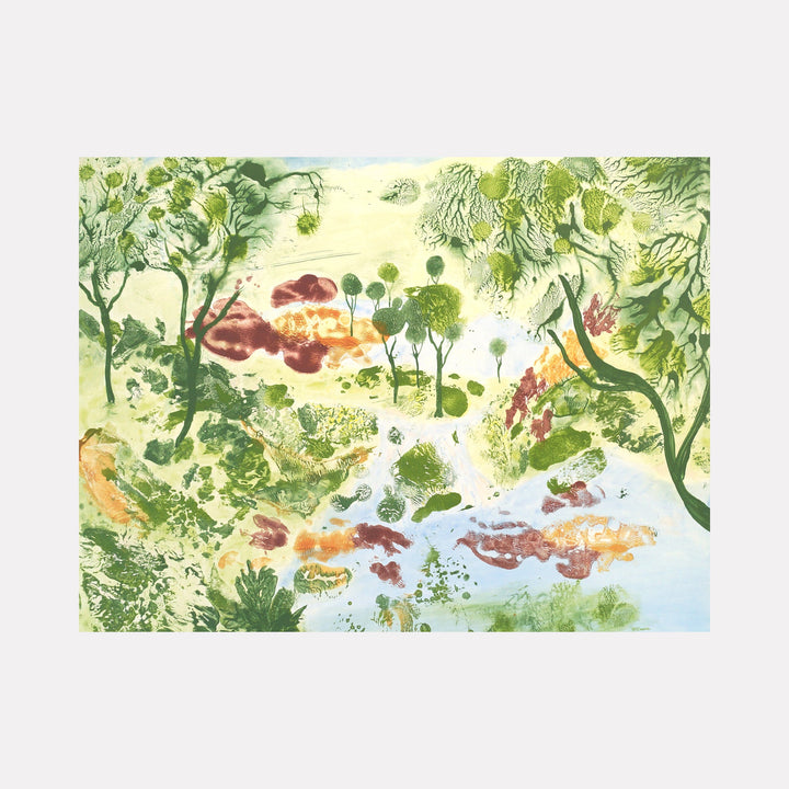 The artwork "Migrants" features an abstract landscape with varied green and earthy tones, incorporating organic shapes resembling trees, foliage, and water reflections. The textured, fluid brushstrokes create a dynamic and natural composition. This piece by Marlene Struss captures a serene and vibrant environmental scene.