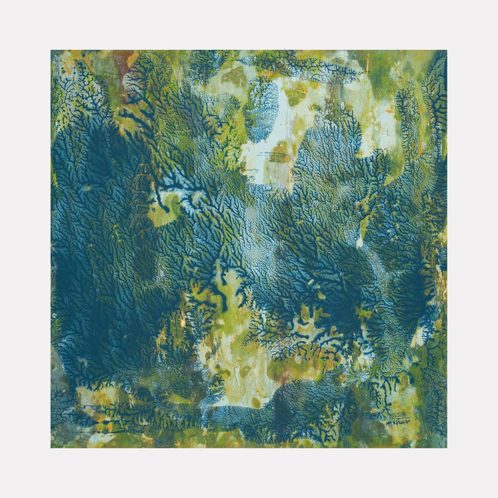 The artwork "Peaceful Portal" by Marlene Struss features an abstract composition with intricate branching patterns in deep blue and green hues, contrasted with soft yellow and white patches. The textured layers evoke natural forms like coral or tree roots, creating a serene and organic visual experience. Marlene Struss.