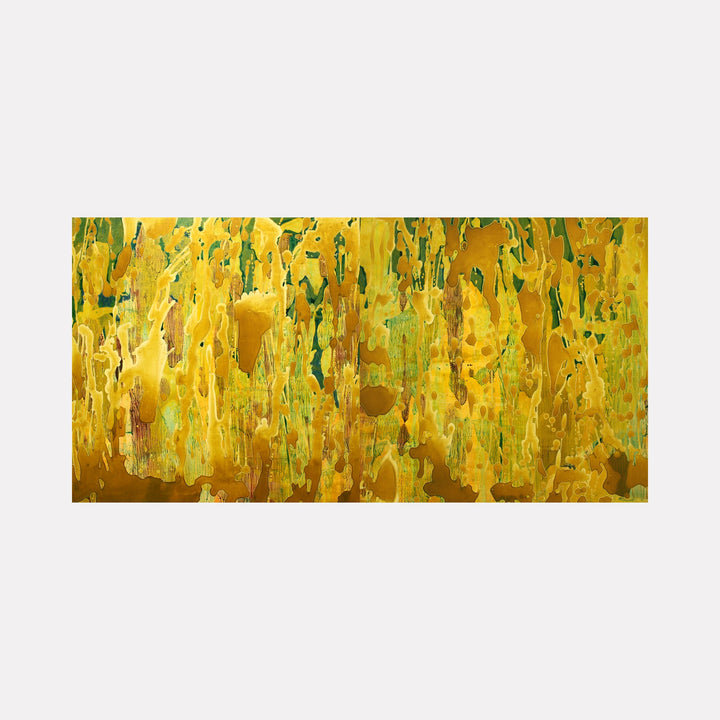 The artwork "Village in a Tree" features an abstract composition dominated by dripping golden yellow and green hues, creating a textured, layered effect reminiscent of foliage or cascading leaves. The dynamic interplay of colors and organic shapes evokes a natural, serene atmosphere. By Marlene Struss.