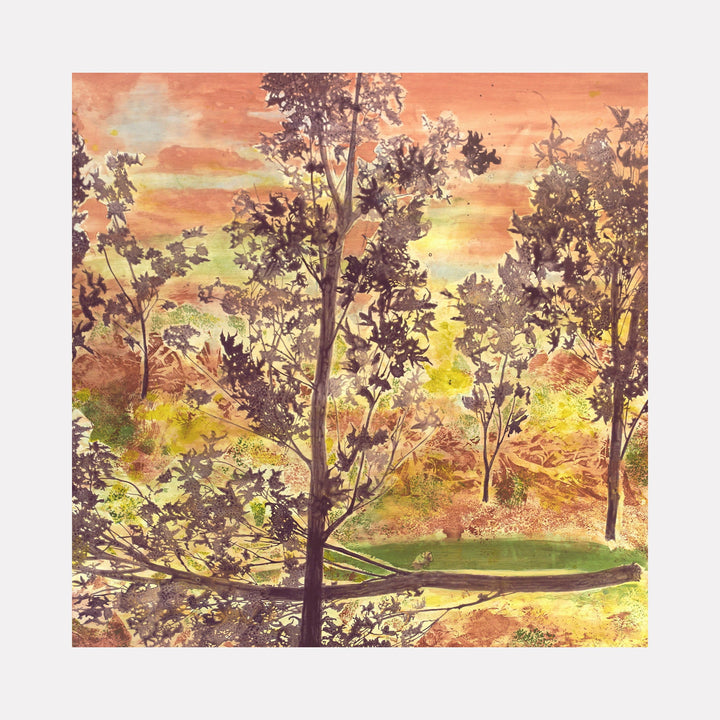 The artwork "Witnesses to the Fall" depicts a serene autumnal forest scene with tall, slender trees featuring intricate branches and leaves in shades of brown, orange, yellow, and green. The textured background blends warm, earthy tones suggesting a sunset sky, enhancing the natural, peaceful atmosphere. By Marlene Struss.