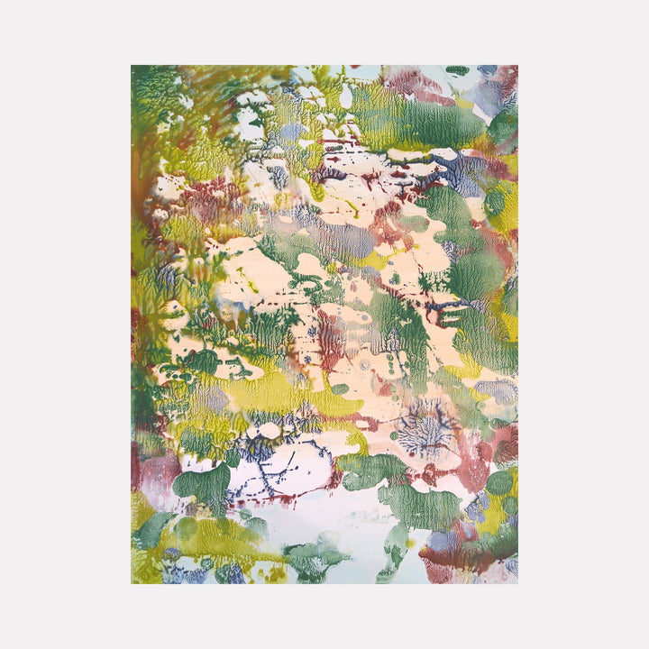 The artwork "Euphoria" features an abstract composition with layered textures and organic shapes in muted tones of green, yellow, pink, and white, creating a dynamic and immersive visual depth. The varied brushstrokes and blending evoke a sense of fluidity and natural harmony. By Marlene Struss.