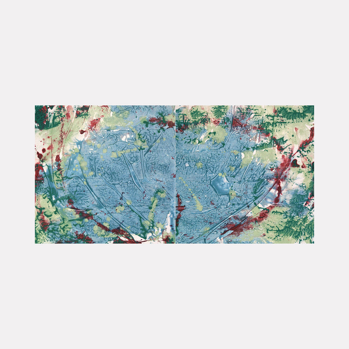 The artwork "Lovers' Lake" features an abstract composition with textured blue shapes resembling a heart or lake at the center, surrounded by splashes of green, red, and cream colors. The piece combines organic brushstrokes with intricate lines and layered textures, evoking a natural and emotional landscape. By Marlene Struss.
