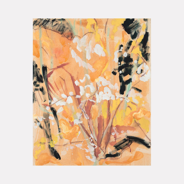 The artwork "Apricot Tree" by Molly Herman features an abstract composition with warm apricot and orange tones contrasted by soft white floral shapes and dynamic black brushstrokes. The textured layers and organic forms evoke the gestural abstraction and natural motifs reminiscent of Helen Frankenthaler and Joan Mitchell.