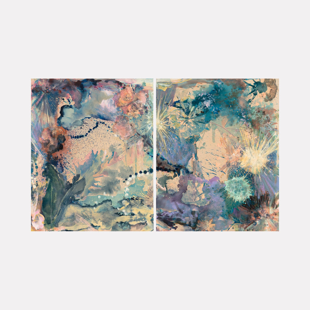 The artwork "Deja Vu (diptych)" by Molly Herman features an abstract composition with layered textures and organic forms in cool blues, soft purples, and warm beige tones. The fluid brushstrokes and scattered bursts of light evoke a sense of dreamy landscape and atmospheric depth, reminiscent of Helen Frankenthaler’s color fields and Joan Mitchell’s expressive abstraction.