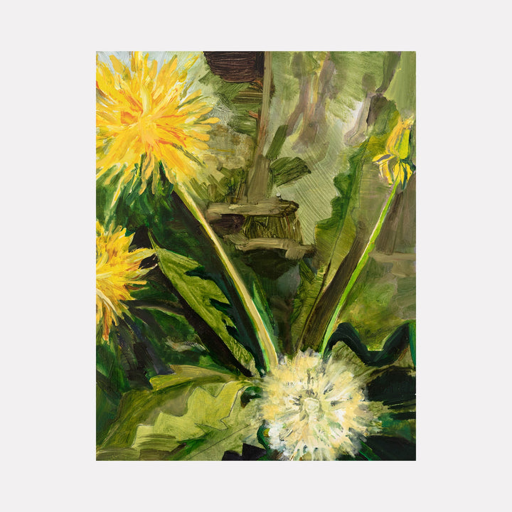 The artwork "Eye Of The Beholder" by Molly Herman features an abstract floral composition with vibrant yellow dandelions and lush green leaves. The textured brushstrokes and layered greens create a dynamic natural energy, evoking the organic abstraction reminiscent of Georgia O’Keeffe and the vivid botanical studies of Vincent van Gogh.