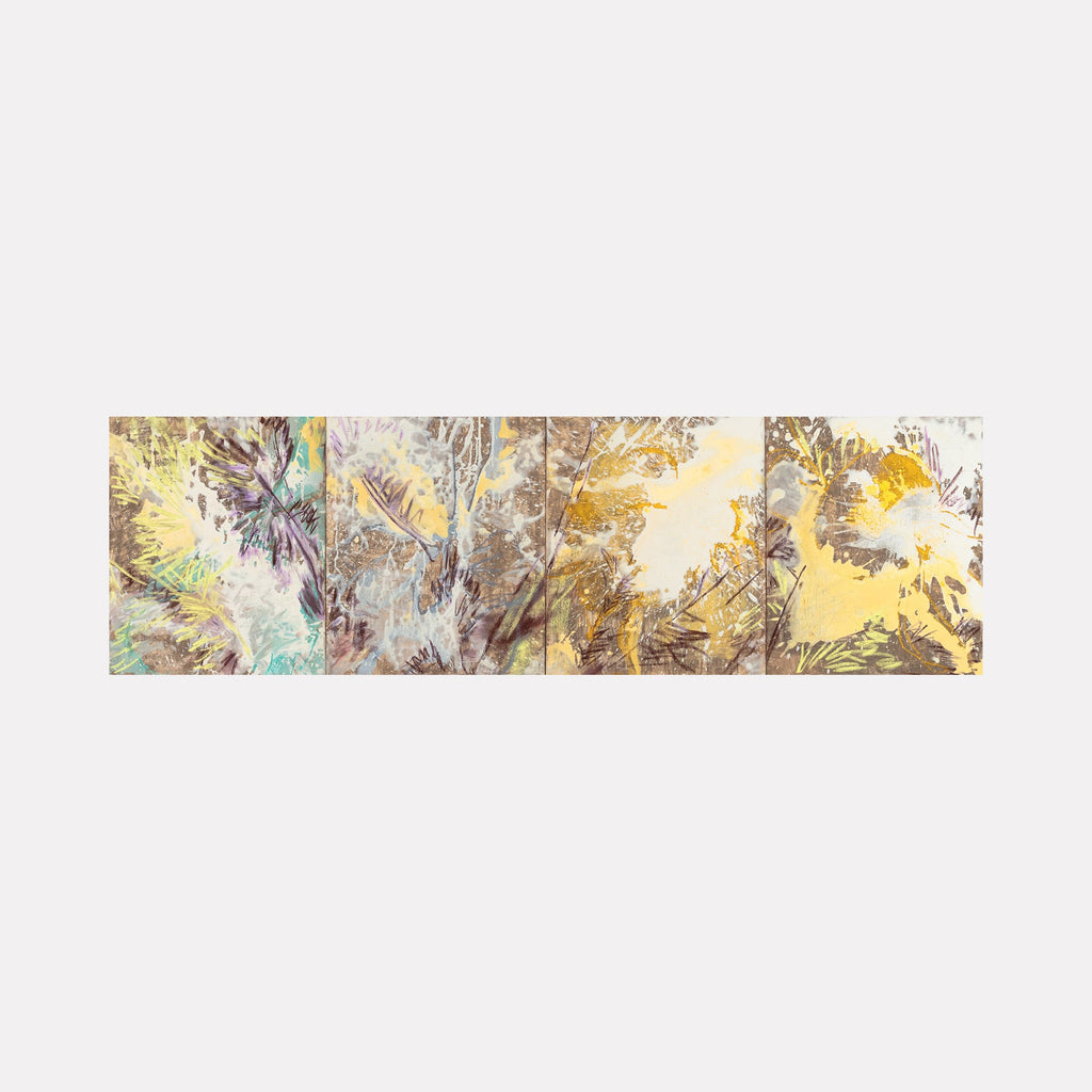 The artwork "In The Pines (tetraptych)" by Molly Herman features an abstract landscape spread across four panels with layered textures in soft browns, muted greens, and pale yellows. The interplay of organic shapes and delicate brushstrokes evokes natural forms, reminiscent of the tonal subtlety in Helen Frankenthaler's works and the atmospheric qualities of Agnes Martin.