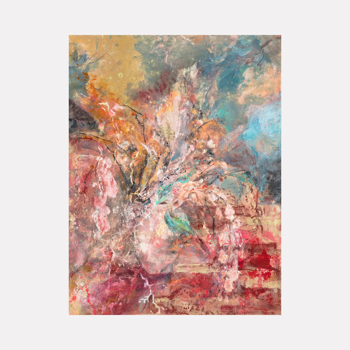 The artwork "Kiss Me Over The Garden Gate" by Molly Herman features an abstract floral composition with soft, layered textures in muted pinks, oranges, blues, and earthy tones. The fluid brushstrokes and ethereal forms evoke the poetic abstraction of Helen Frankenthaler and the dreamlike quality found in works by Cy Twombly.