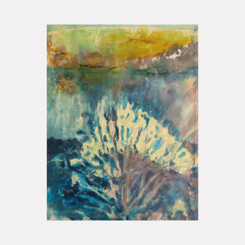 The artwork "Ode" by Molly Herman features an abstract composition with layered textures blending blues, greens, and soft yellows. Organic, coral-like shapes emerge from a turbulent, watery background, evoking a sense of underwater depth. The piece recalls the fluid abstraction of Helen Frankenthaler and the atmospheric qualities of Mark Rothko.