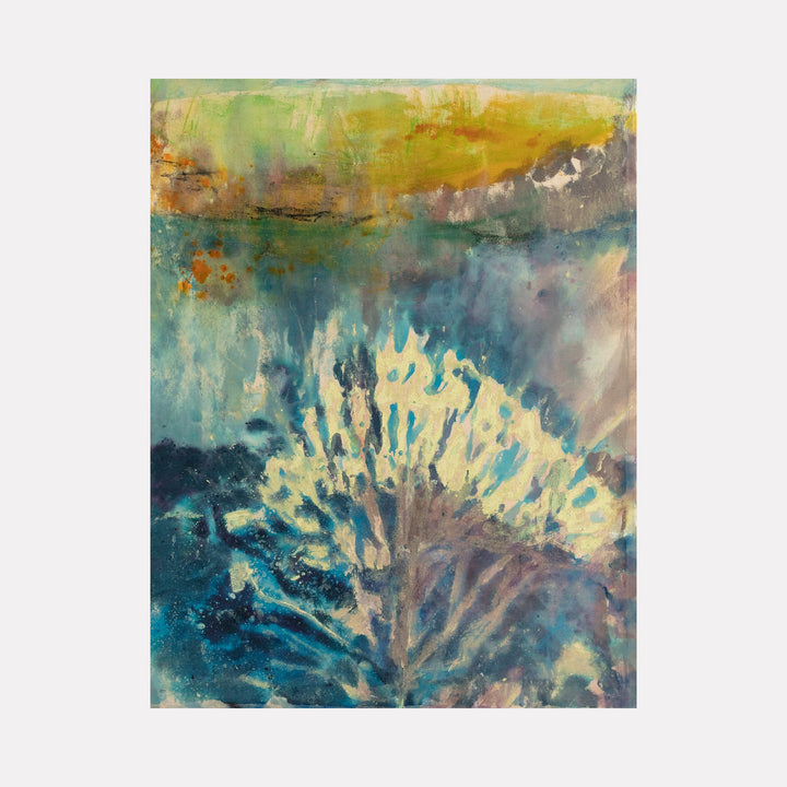 The artwork "Ode" by Molly Herman features an abstract composition with layered textures blending blues, greens, and soft yellows. Organic, coral-like shapes emerge from a turbulent, watery background, evoking a sense of underwater depth. The piece recalls the fluid abstraction of Helen Frankenthaler and the atmospheric qualities of Mark Rothko.