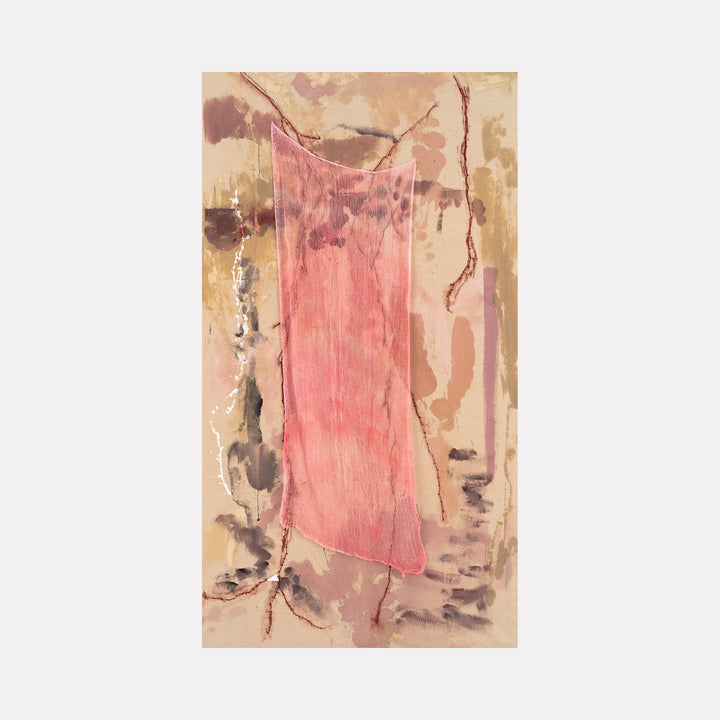 The artwork "Offering" by Molly Herman features an abstract composition with a large, translucent pink shape centrally layered over a textured background in warm browns and beiges. The piece includes organic, flowing lines and subtle washes of color, evoking the contemplative abstraction found in works by Helen Frankenthaler and Eva Hesse.
