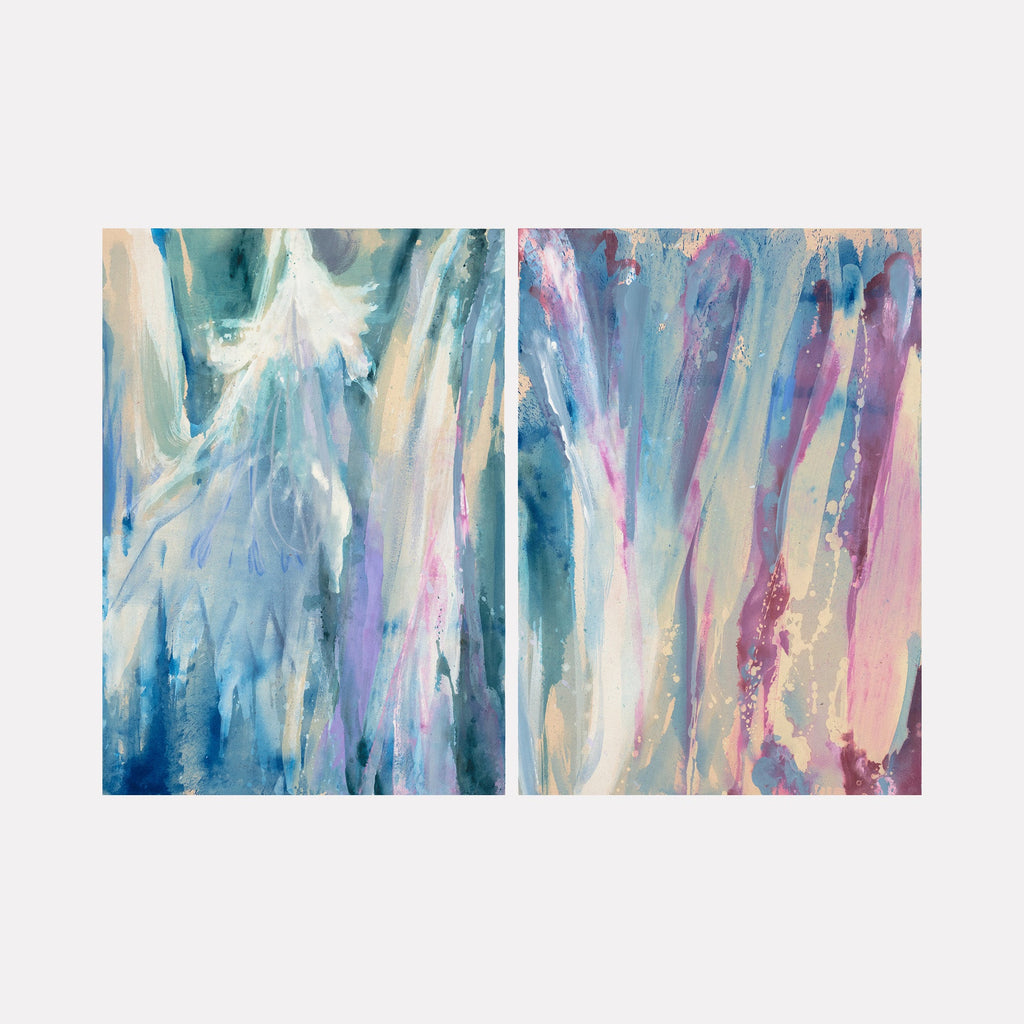 The artwork "The Once Fabled Fall (diptych)" by Molly Herman features an abstract composition in cool blues, soft pinks, and creamy beiges. Flowing vertical brushstrokes and layered textures evoke a sense of ethereal movement and depth, reminiscent of the atmospheric abstraction seen in Helen Frankenthaler’s and Joan Mitchell’s works.