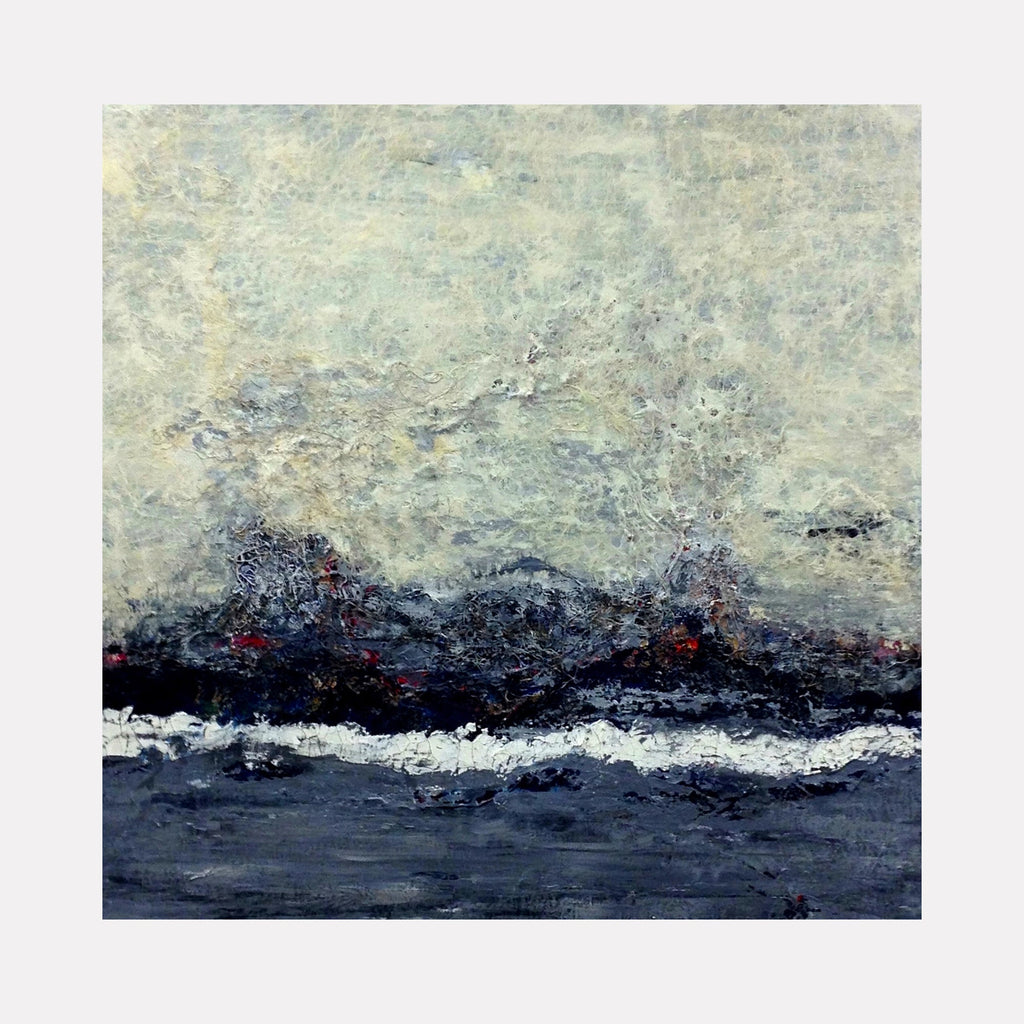 The artwork "Making Piece" by Benna Holden features an abstract landscape with textured layers of muted blues, grays, and whites, reminiscent of Gerhard Richter's blurred atmospheres and Mark Rothko's moody color fields. The composition uses thick, expressive brushstrokes to convey a sense of depth and movement across a misty horizon.