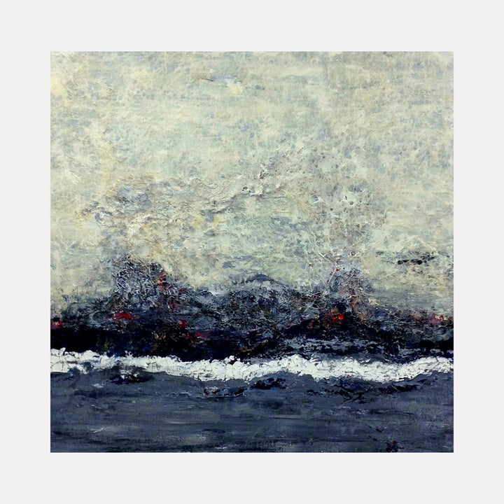 The artwork "Making Piece" by Benna Holden features an abstract landscape with textured layers of muted blues, grays, and whites, reminiscent of Gerhard Richter's blurred atmospheres and Mark Rothko's moody color fields. The composition uses thick, expressive brushstrokes to convey a sense of depth and movement across a misty horizon.