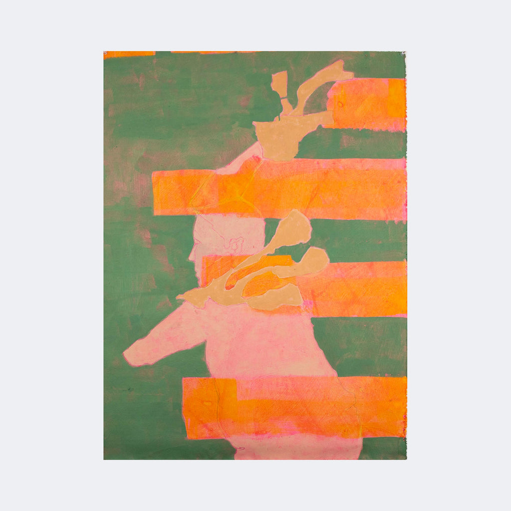 The artwork "Man with Stripes" by Patrick Bower features an abstract composition with a muted green background and layered horizontal stripes in vibrant orange hues. The textured forms suggest a fragmented human figure, evoking the style of artists like Henri Matisse with its bold color blocking and playful abstraction.