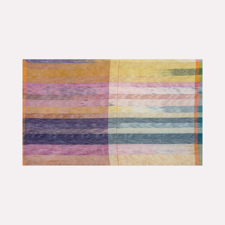 The artwork "Untitled #153" by Victoria Manganiello features a composition of horizontal stripes in soft muted tones of yellow, purple, pink, blue, and gray. The design showcases a textured, painterly effect with subtle color blending, creating a harmonious abstract pattern. The piece highlights a balance of warm and cool shades, emphasizing gentle transitions between colors. Victoria Manganiello
