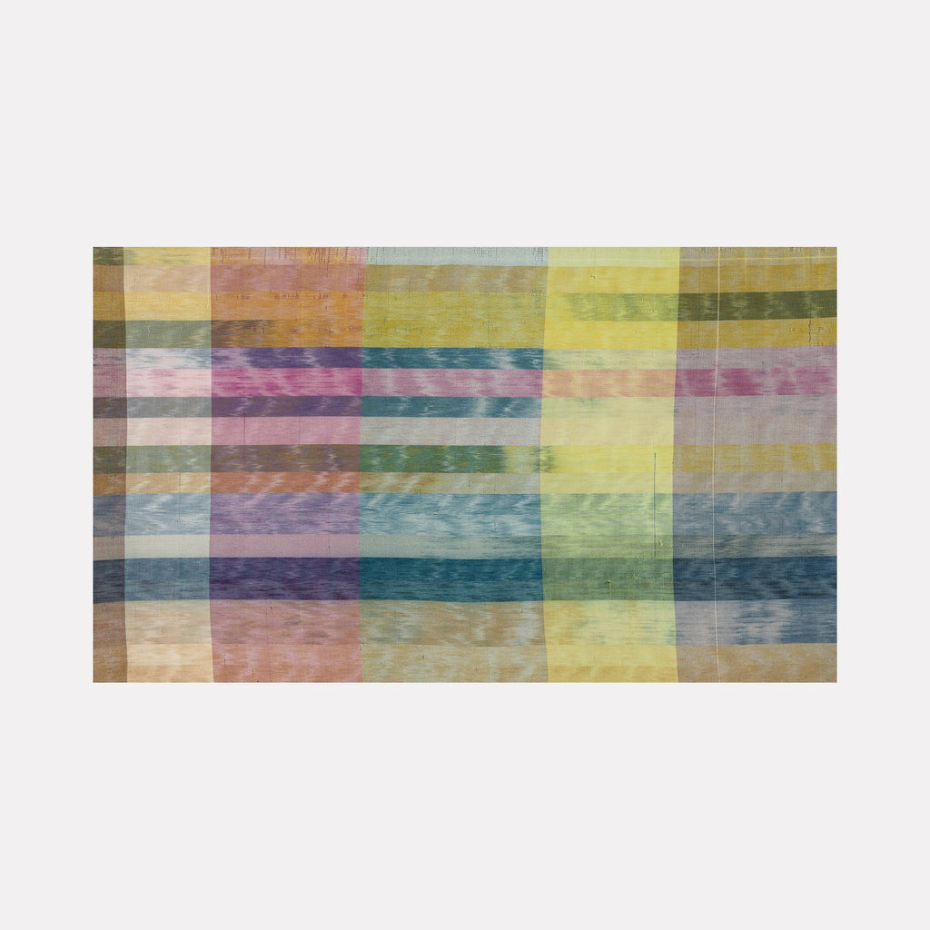 The artwork "Untitled #154" by Victoria Manganiello features a textured composition of horizontal and vertical bands in muted shades of yellow, green, pink, blue, purple, and brown. The overlapping layers create a soft, woven effect with a subtle gradient and varied opacity, emphasizing abstract geometry and color interplay.