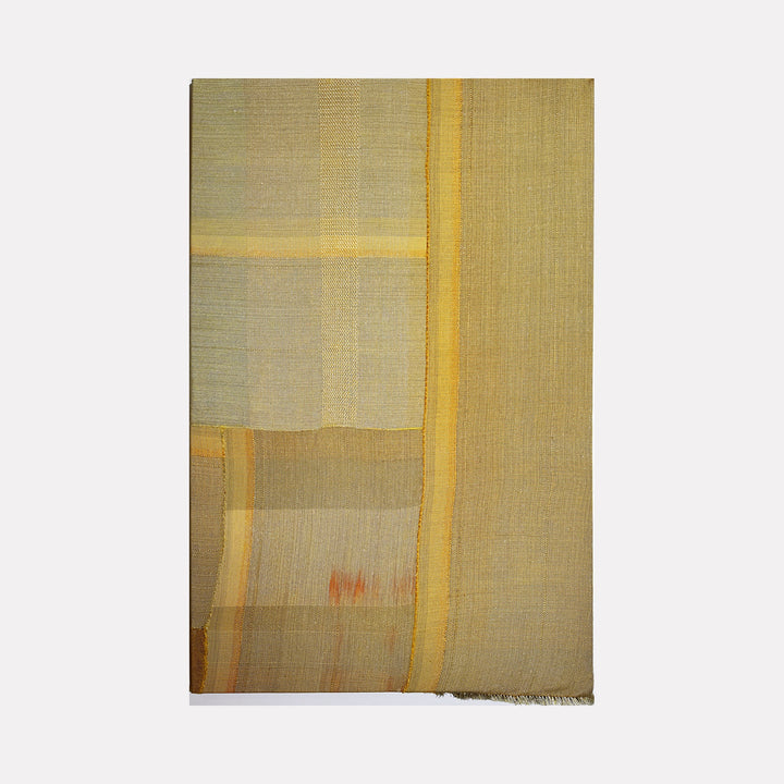 The artwork "Untitled #179" by Victoria Manganiello features a delicate composition of overlapping translucent fabrics in muted yellows and warm beige tones. The fine texture and subtle grid patterns create a layered, soft abstraction reminiscent of Agnes Martin’s minimalist grids and the tactile lightness found in Josef Albers’ color studies.
