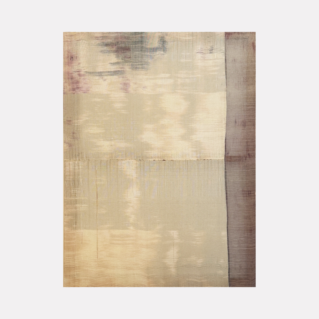 The artwork "Untitled #180" by Victoria Manganiello features an abstract composition with soft, muted tones of beige, cream, and light taupe accented by subtle brushstrokes and textured layering. The interplay of vertical and horizontal segments evokes minimalism and serene atmospheres, reminiscent of Mark Rothko’s color fields and Agnes Martin’s delicate grids.