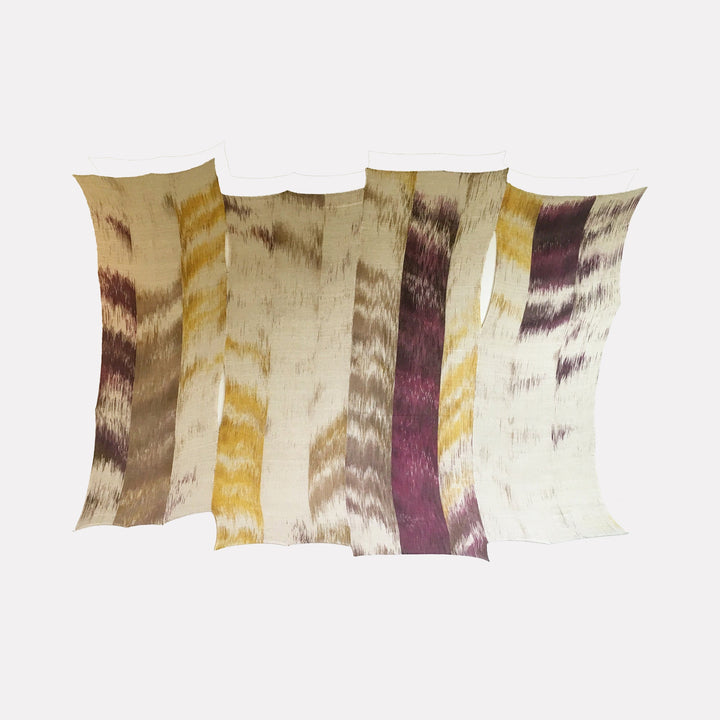 The artwork "Untitled 49" by Victoria Manganiello features an abstract composition of vertical, irregularly shaped bands in muted neutral tones with accents of purple and gold. The textured, layered surface evokes the rhythm and softness found in textile art, reminiscent of the abstract landscapes of Mark Rothko and the subtle color gradations of Helen Frankenthaler.