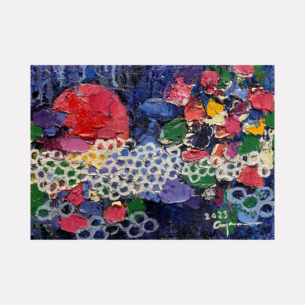 The artwork "Mantra for Life in Universe" features vibrant oil on canvas textures with bold reds, purples, blues, and greens, blending abstract floral and geometric shapes on a dark background. The thick brushstrokes create a dynamic and tactile surface. Created by Ayane Kurai.