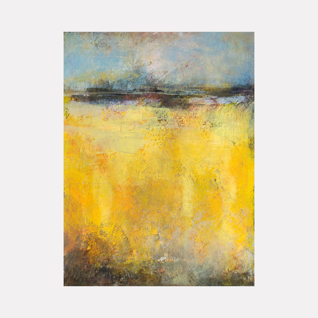Marigold Sound by Victoria Primicias reveals a textured abstract composition dominated by vibrant golden yellows blending into soft blue-gray tones above. Layers of muted earth tones and subtle weathering create a warm, luminous landscape that invites calm reflection through rich color depth and organic interplay.