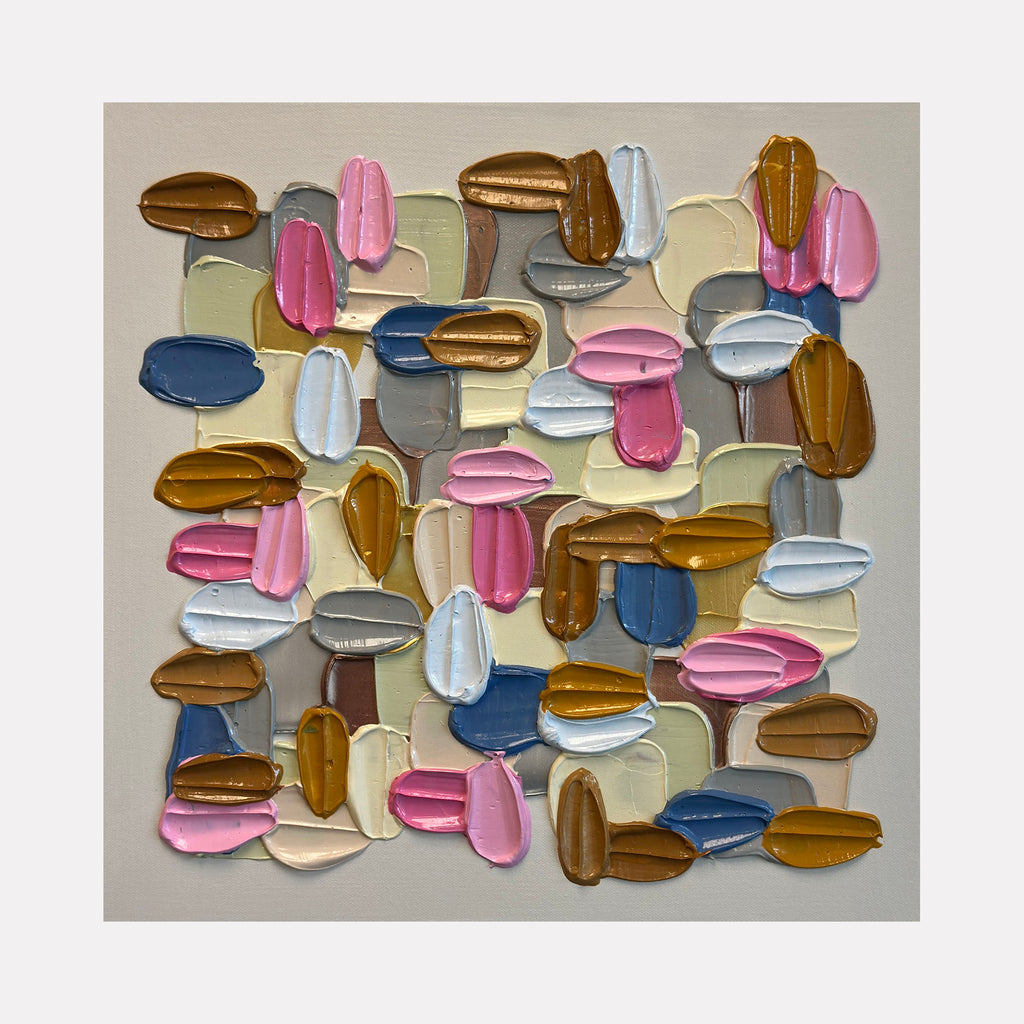 Marshmallow by Shiri Phillips features layered, elongated brushstrokes in soft pinks, blues, golds, and neutrals. The textured abstract composition creates a balanced interplay of rounded shapes and muted colors, evoking a gentle, tactile rhythm with contemporary warmth and understated vibrancy.