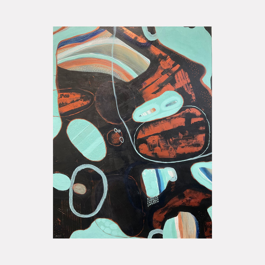 The artwork "Between two worlds" by Marta Nowicka features an abstract composition with organic shapes in contrasting shades of turquoise, burnt orange, black, and white. The textured layering and fluid lines evoke a sense of dynamic balance, reminiscent of mid-century modern abstraction and the organic forms found in works by Joan Miró and Helen Frankenthaler.