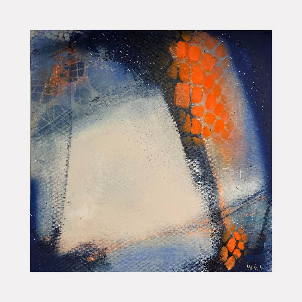 The artwork "Orange cascade" by Marta Nowicka features an abstract composition with bold patches of vibrant orange contrasted against deep blues and soft white tones. Textured layers and organic shapes evoke a sense of movement, reminiscent of the dynamic abstraction seen in works by Mark Rothko and Helen Frankenthaler.