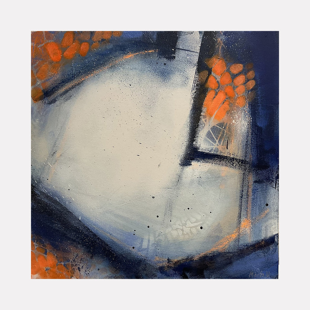The artwork "Celestial dance" by Marta Nowicka features an abstract composition of soft white and deep navy shapes accented with vibrant orange clusters. The textured layering and dynamic brushstrokes evoke a cosmic energy, reminiscent of abstract expressionists like Mark Rothko and Franz Kline, blending fluidity with bold contrasts.