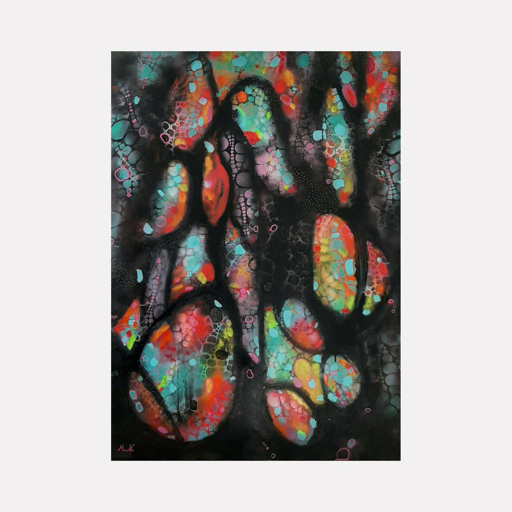 The artwork "Organic Mosaic" by Marta Nowicka features an abstract composition of interconnected, irregular shapes in vibrant hues of turquoise, orange, red, and yellow set against a deep black background. The textured, cellular patterns and layered colors evoke a dynamic organic feel, reminiscent of the biomorphic abstraction of Jean Arp and the vibrant palettes of Hilma af Klint.