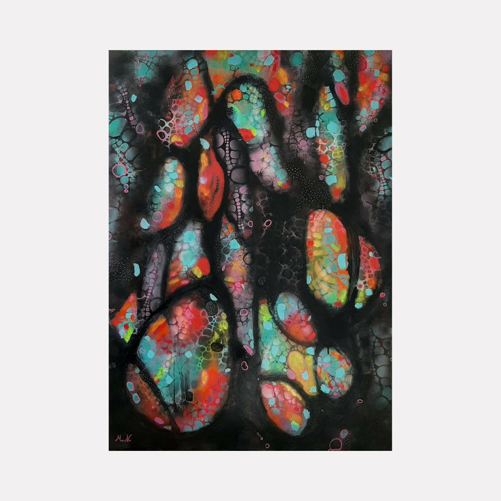 The artwork "Organic Mosaic" by Marta Nowicka features an abstract composition of interconnected, irregular shapes in vibrant hues of turquoise, orange, red, and yellow set against a deep black background. The textured, cellular patterns and layered colors evoke a dynamic organic feel, reminiscent of the biomorphic abstraction of Jean Arp and the vibrant palettes of Hilma af Klint.
