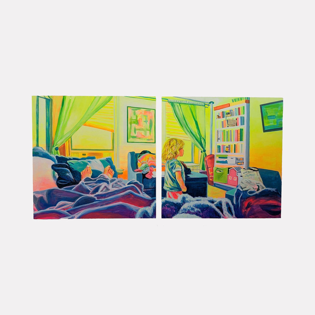 The artwork "The Place Where We Exist Together" by Mary Younkin depicts a vibrant, intimate interior scene divided into two panels. Bright green curtains frame warm yellow sunlight pouring through windows, casting colorful shadows on cozy furniture and textured blankets. The style blends Impressionist light effects reminiscent of Claude Monet with contemporary domestic warmth, capturing a tender moment with a softly rendered figure and detailed b