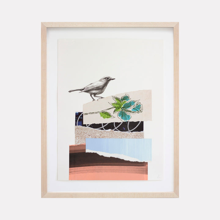 The artwork "The Rise and Fall No. 30" by Lauren Matsumoto features a delicate collage with a monochrome bird perched above layered fragments including a detailed botanical illustration of a blue flower, textured patterns, and abstract color blocks in soft pinks, blues, and blacks. The composition’s subtle layering and natural motifs evoke the serene abstraction seen in works by Romare Bearden and Henri Matisse.