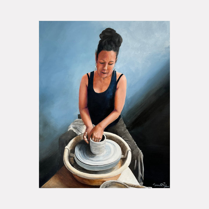 Meditation by Lynnette Horn: Acrylic painting of an artist at pottery wheel with clay, wearing black tank top against blue backdrop