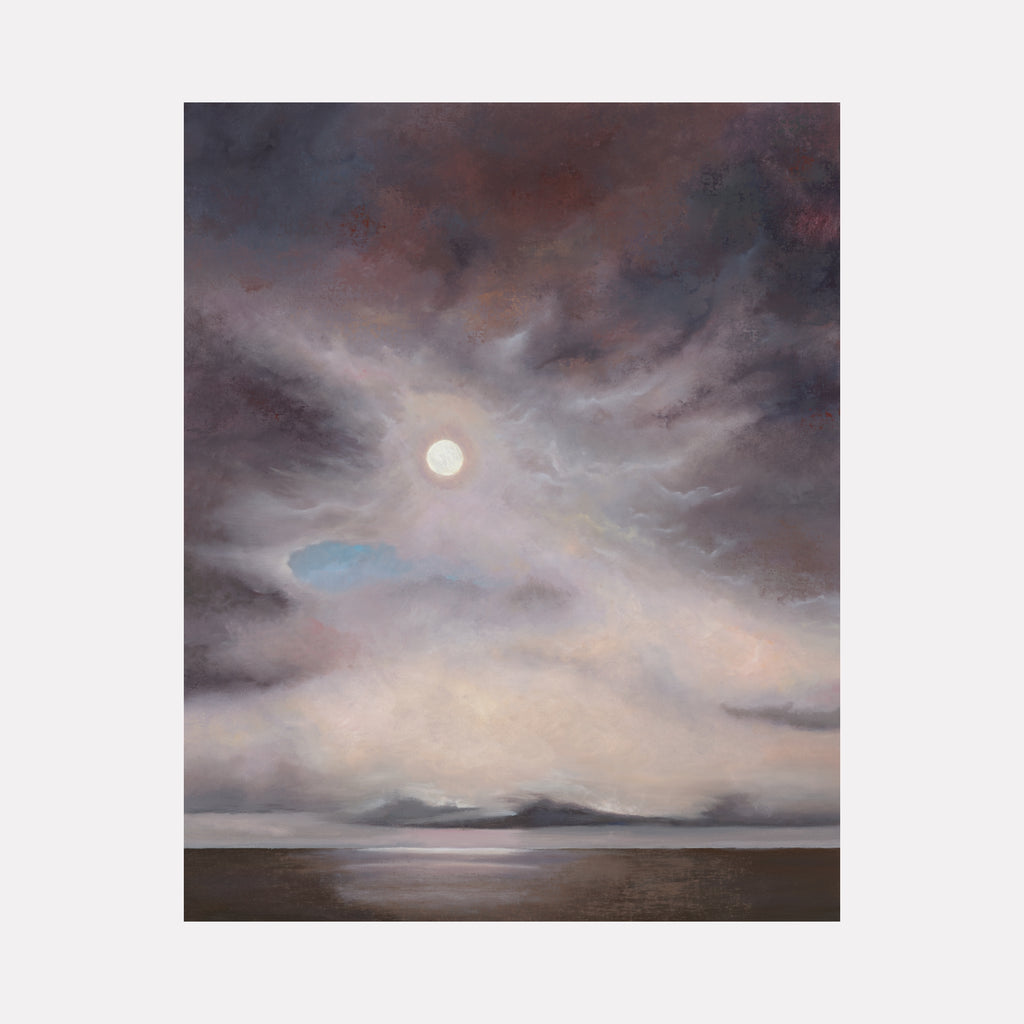 Melancholy Vapors II by Nadia Parsons portrays a moody sky with swirling clouds illuminated by a pale sun above a quiet, reflective landscape, blending muted browns, grays, and soft blues to evoke a contemplative and atmospheric mood in this evocative art piece.