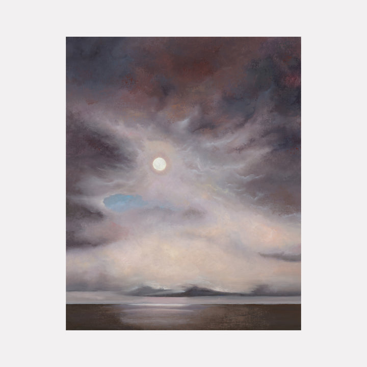 Melancholy Vapors II by Nadia Parsons portrays a moody sky with swirling clouds illuminated by a pale sun above a quiet, reflective landscape, blending muted browns, grays, and soft blues to evoke a contemplative and atmospheric mood in this evocative art piece.