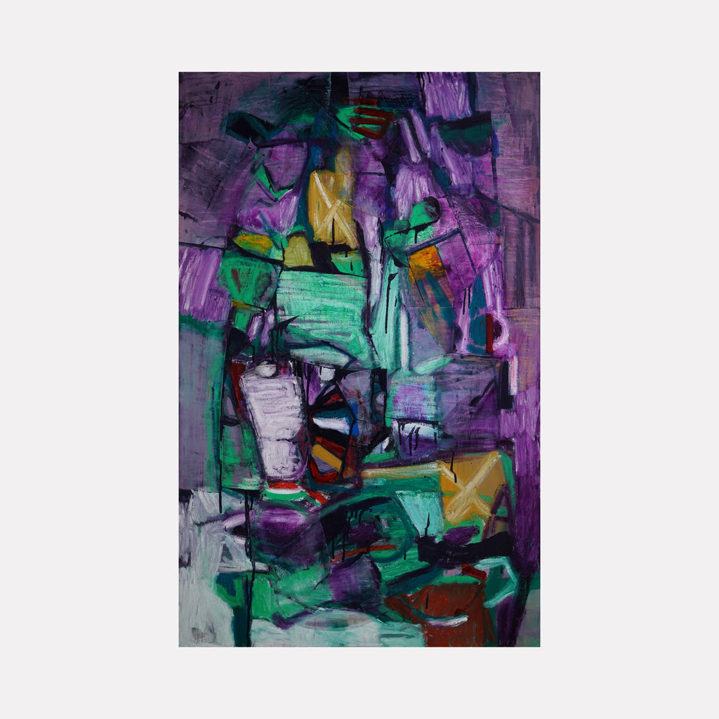 Nostalgia, Nutcrackers, and Neverland: Melchior's Tree by Lia Rodi showcases a vibrant abstract arrangement in bold purples, greens, and yellows. The textured brushstrokes and fragmented design create a dynamic interplay of shapes, evoking a whimsical, layered composition rich with mysterious depth and modern artistic expression.