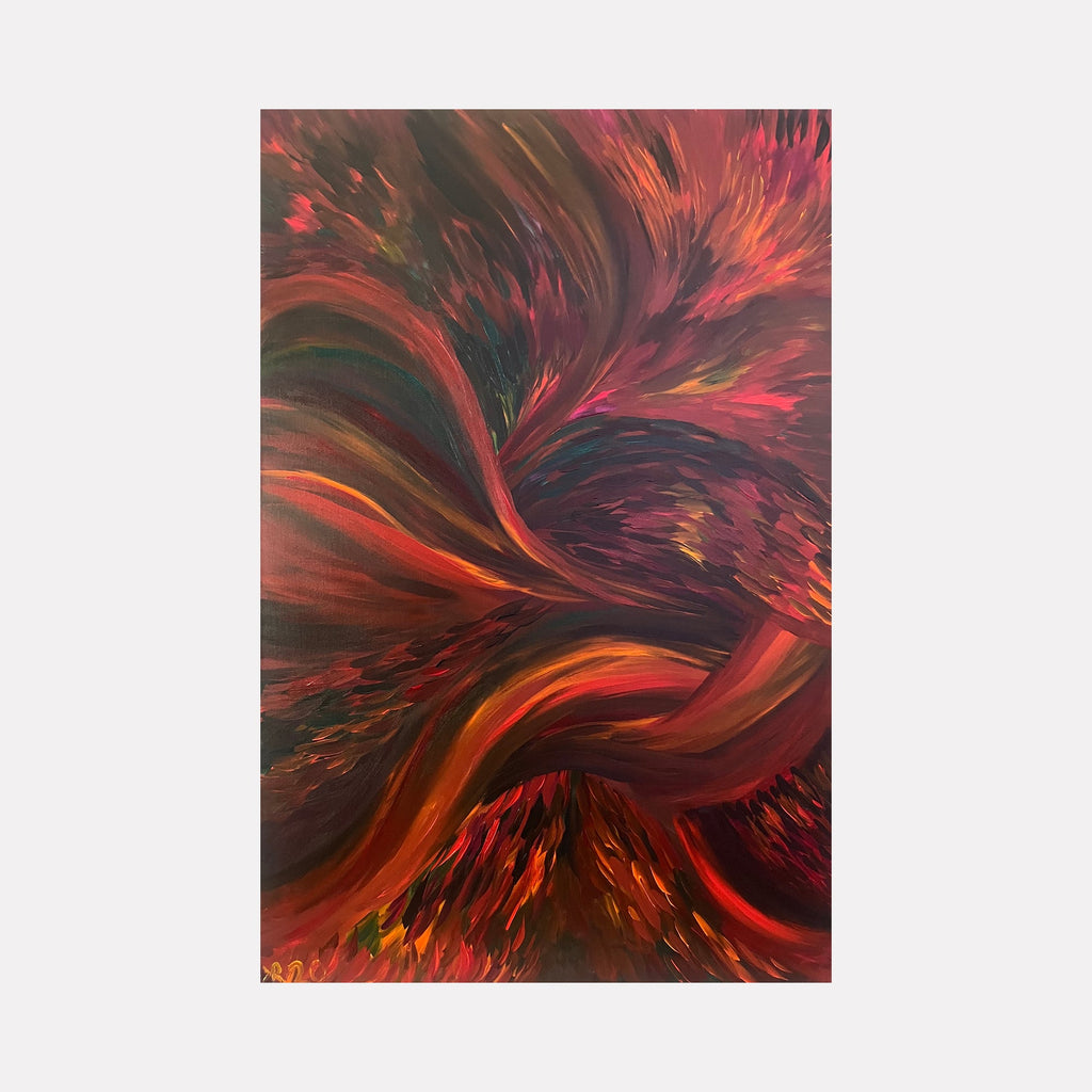 The artwork "Metamorphosis" by Kim Rosebud features dynamic swirling shapes and flowing textures in rich shades of red, orange, brown, and hints of yellow, creating a sense of movement and transformation. The abstract composition evokes energy and depth through layered brushstrokes and vibrant color blending. Kim Rosebud.