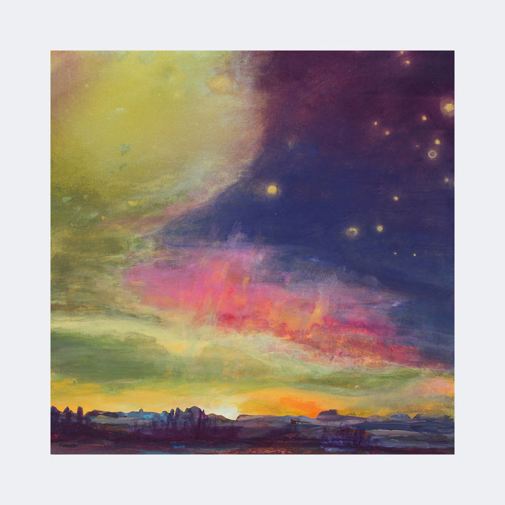 The artwork "Midnight Sun" by Carla Forrest depicts a surreal twilight landscape blending rich purples, pinks, yellows, and blues. The textured sky features glowing stars and a luminous sun partially veiled by colorful clouds, reminiscent of impressionist techniques and evoking the ethereal quality found in works by J.M.W. Turner.