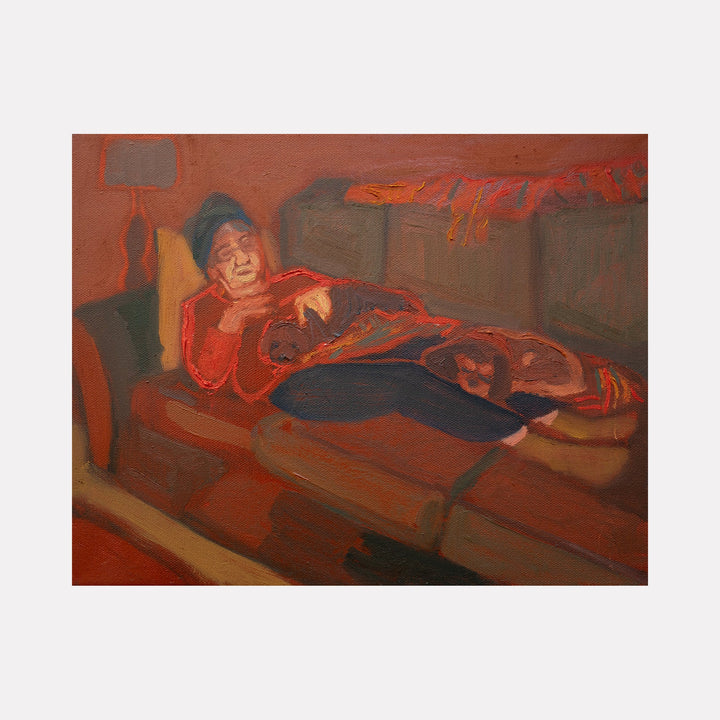 The artwork "Midnight ode to the TV [grandma Jenny with her dogs]" by Chelsie Sunde depicts a cozy scene with a grandmother reclining on a couch, surrounded by warm, muted tones of brown, orange, and red. The textured brushstrokes highlight the soft fabrics of her clothing and the couch, while two dogs rest peacefully nearby, creating a serene, intimate atmosphere.