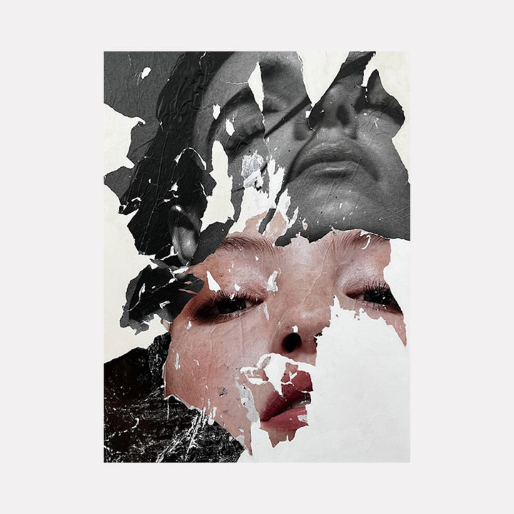 The artwork "Mirror, Mirror" features a layered collage of torn photographic portraits combining monochrome and muted skin tones, creating a textured, fragmented visual effect with raw edges and contrasting light and shadow. The expressive faces blend abstractly, evoking introspection and contrast. By Amy Turner.