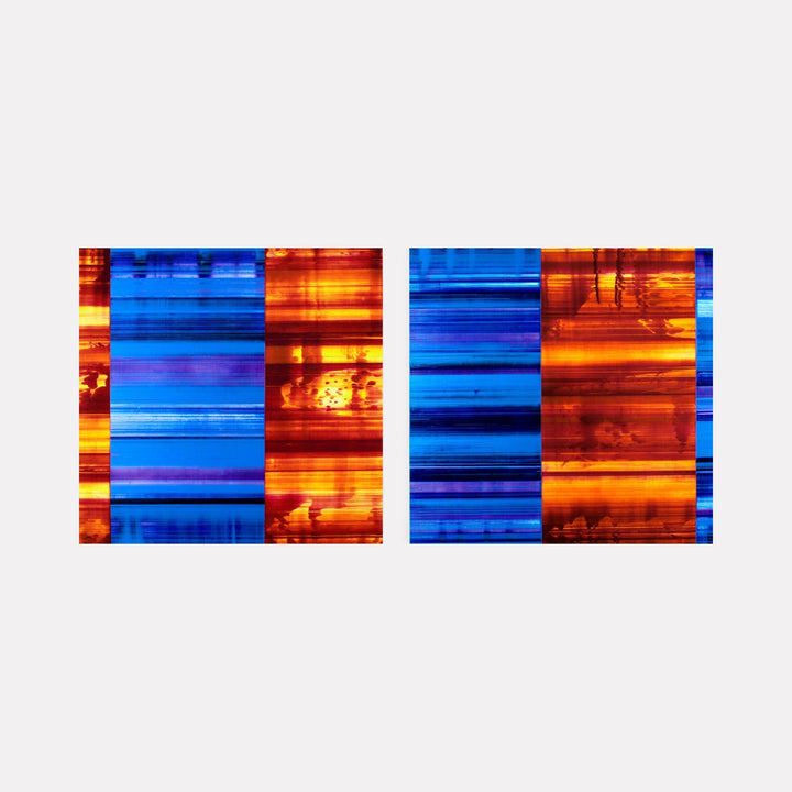 The artwork "Misappropriations diptych" by John Cox in gallery position 1 features two adjacent panels showcasing horizontal bands of vivid blues and fiery oranges. The textured layering and interplay of contrasting hues evoke the color field intensity of Barnett Newman and the abstract rhythm of Mark Bradford’s mixed media works.