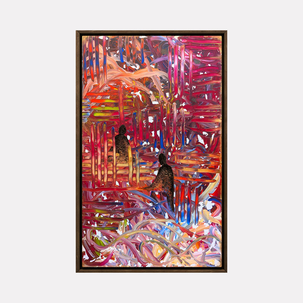 The artwork "Miscommunication" by Hillary Hany features two dark, silhouetted figures amid a dynamic, layered composition of intertwining red, orange, and purple brushstrokes. The textured abstract background evokes the gestural intensity of Willem de Kooning and the emotional depth seen in Franz Kline’s expressionist works.