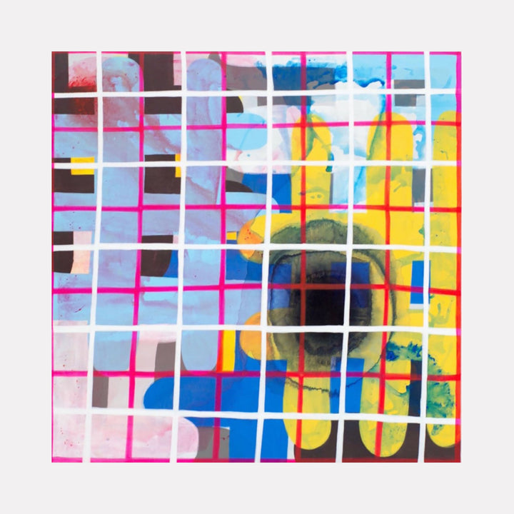 The artwork "Missed A Spot" by Tyler Sorgman features an abstract composition with overlapping grid patterns in white and magenta lines. It showcases vibrant blue, yellow, and black organic shapes against a soft pastel background, blending textures with a modern, geometric style. The product title and vendor are prominently represented.