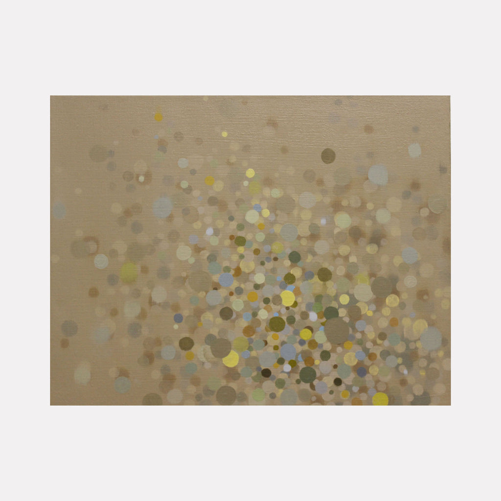 Artwork 'Mist' by Lisa Ingram features scattered circles in soft beige, yellow and blue tones, creating an ethereal bokeh effect on oil canvas
